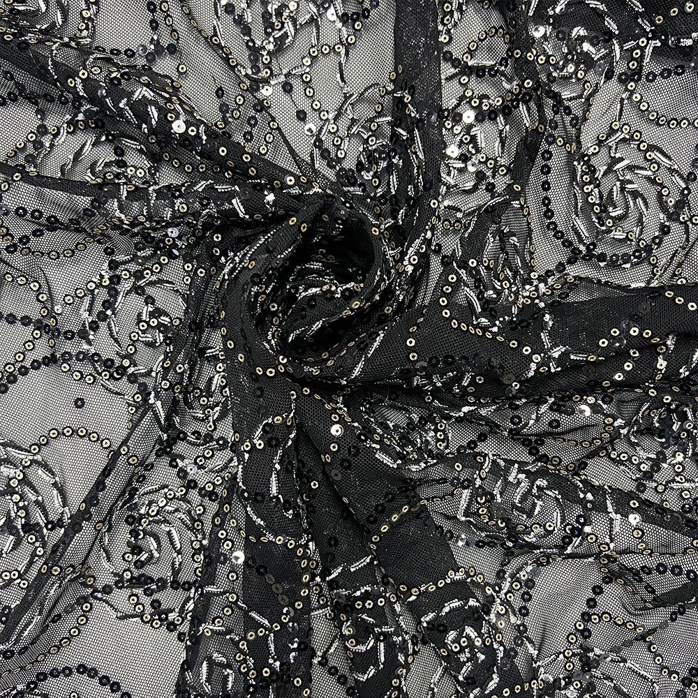 Wholesale stretch sequence french laces sequin embroidery fabrics beaded luxury black lace fabric embroidery