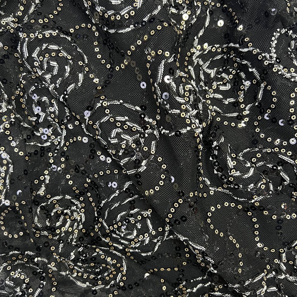 Wholesale stretch sequence french laces sequin embroidery fabrics beaded luxury black lace fabric embroidery