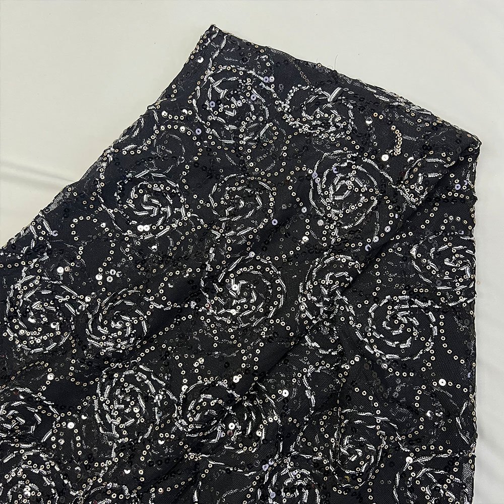 Wholesale stretch sequence french laces sequin embroidery fabrics beaded luxury black lace fabric embroidery