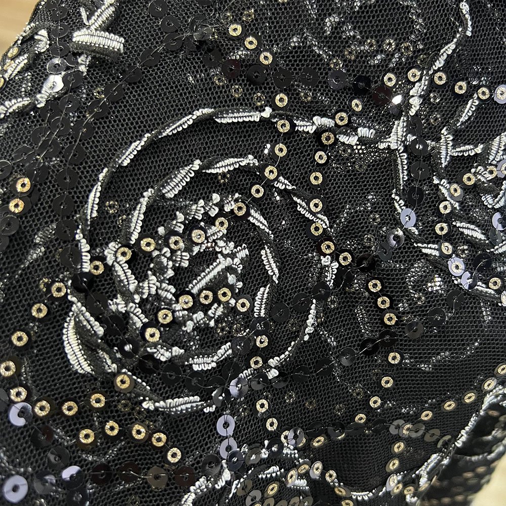 Wholesale stretch sequence french laces sequin embroidery fabrics beaded luxury black lace fabric embroidery