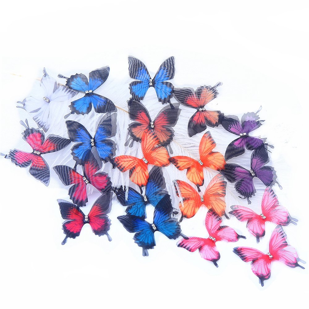 Gradient Color 3D Butterfly Appliqued 30mm Translucent Chiffon Fabric Beaded Organza Mesh for Party Decor Dolembroidered