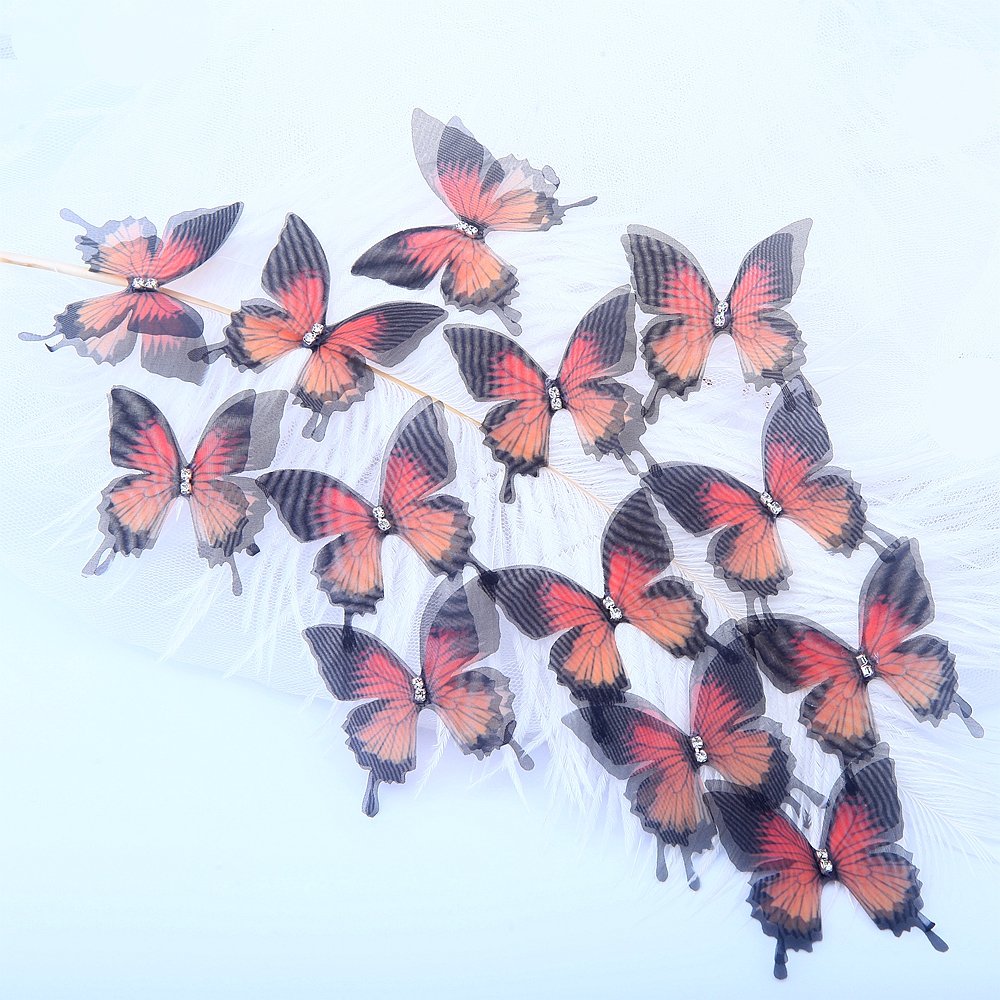 Gradient Color 3D Butterfly Appliqued 30mm Translucent Chiffon Fabric Beaded Organza Mesh for Party Decor Dolembroidered