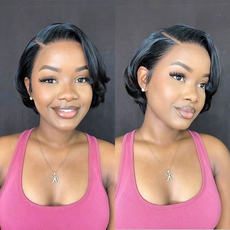 Buk Sale Peruvian Hair 100% Human Hiar 13x4 Transparent Lace Frontal Short Pixie Cut Human Hair Wigs for Black Women
