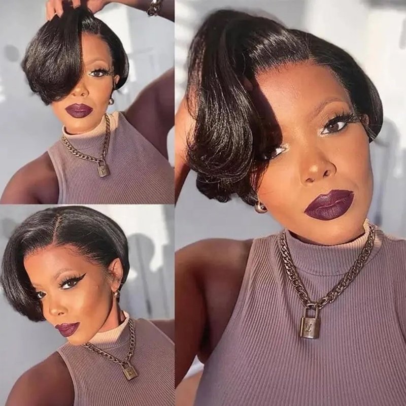 Buk Sale Peruvian Hair 100% Human Hiar 13x4 Transparent Lace Frontal Short Pixie Cut Human Hair Wigs for Black Women
