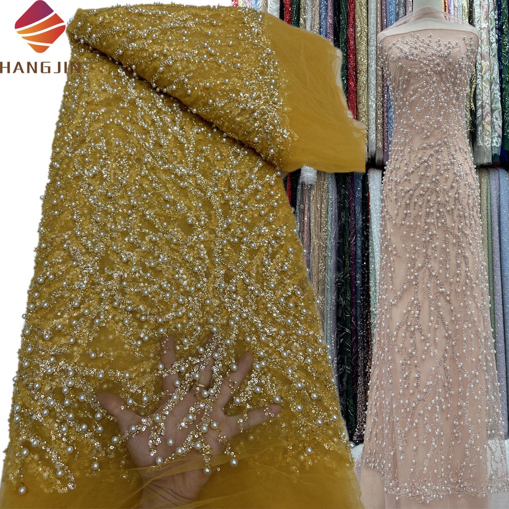 Luxury Handmade Embroidery Gold Beaded French Lace Fabric With Sequins And Pearl Tulle Lace For Women Wedding Party Dresses