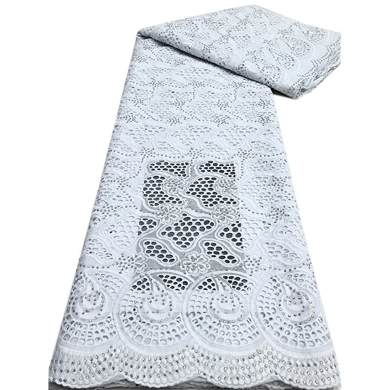 NI.AI Ripple Pattern Chemical Perforated Lace Fabric Pure White Dry Lace Fabric With Rhinestone