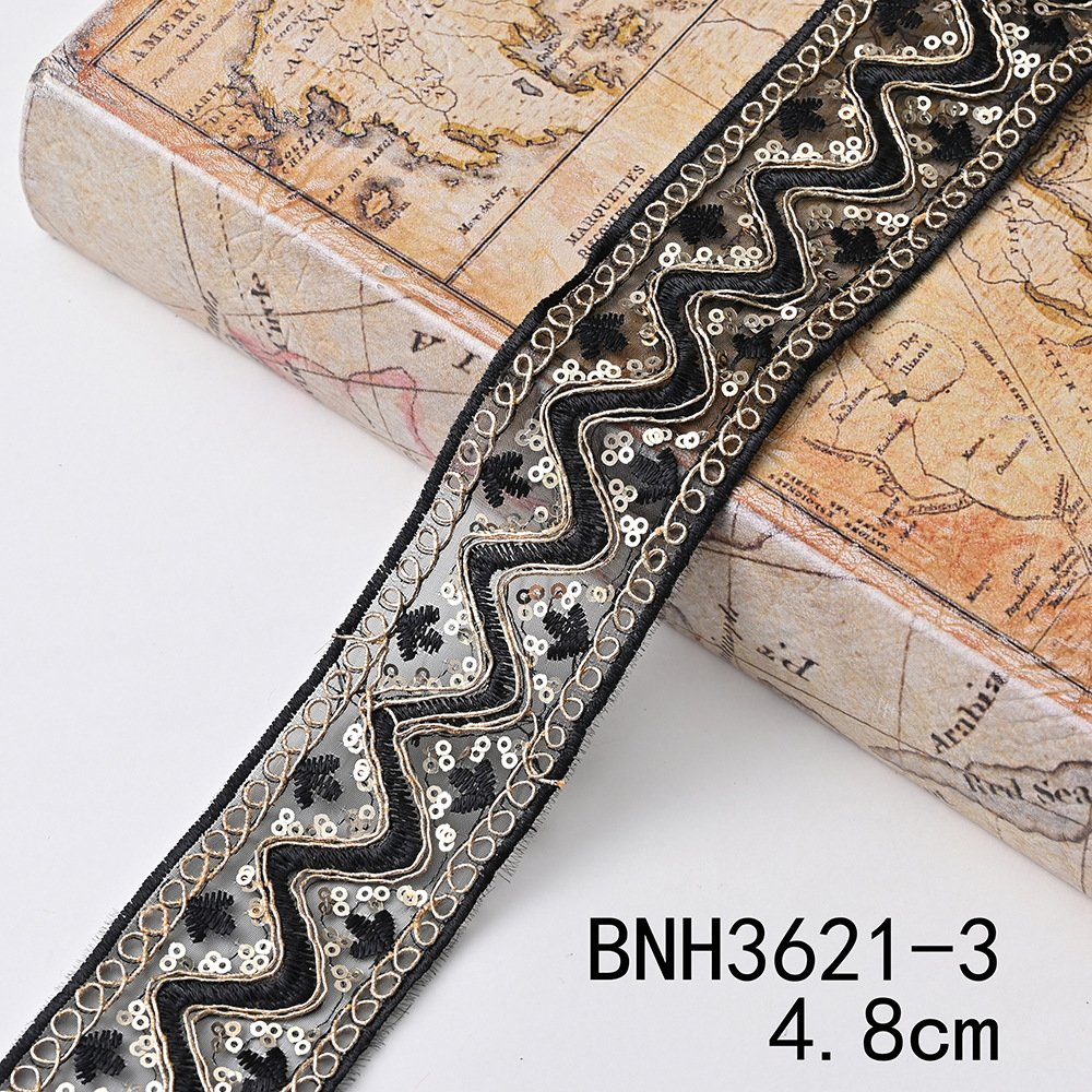 Width Golden Sequins Guipure Lace Ribbon Handmade Embroidered Curtain Lace Trim Bar Code For Clothing Decoration
