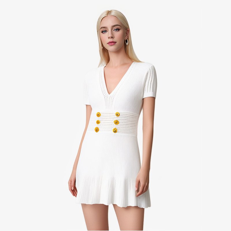 Knitwear manufacturer custom spring summer white v neck elegant casual ribbed knit women's sweater mini dress
