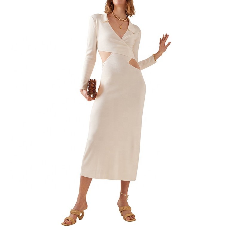 2022 New Casual Woman Clothes Long Thick Bodysuit Midi Women Sweater Dress Long Sleeve Thick Rib Jacquard Y2k Cutout Knitted