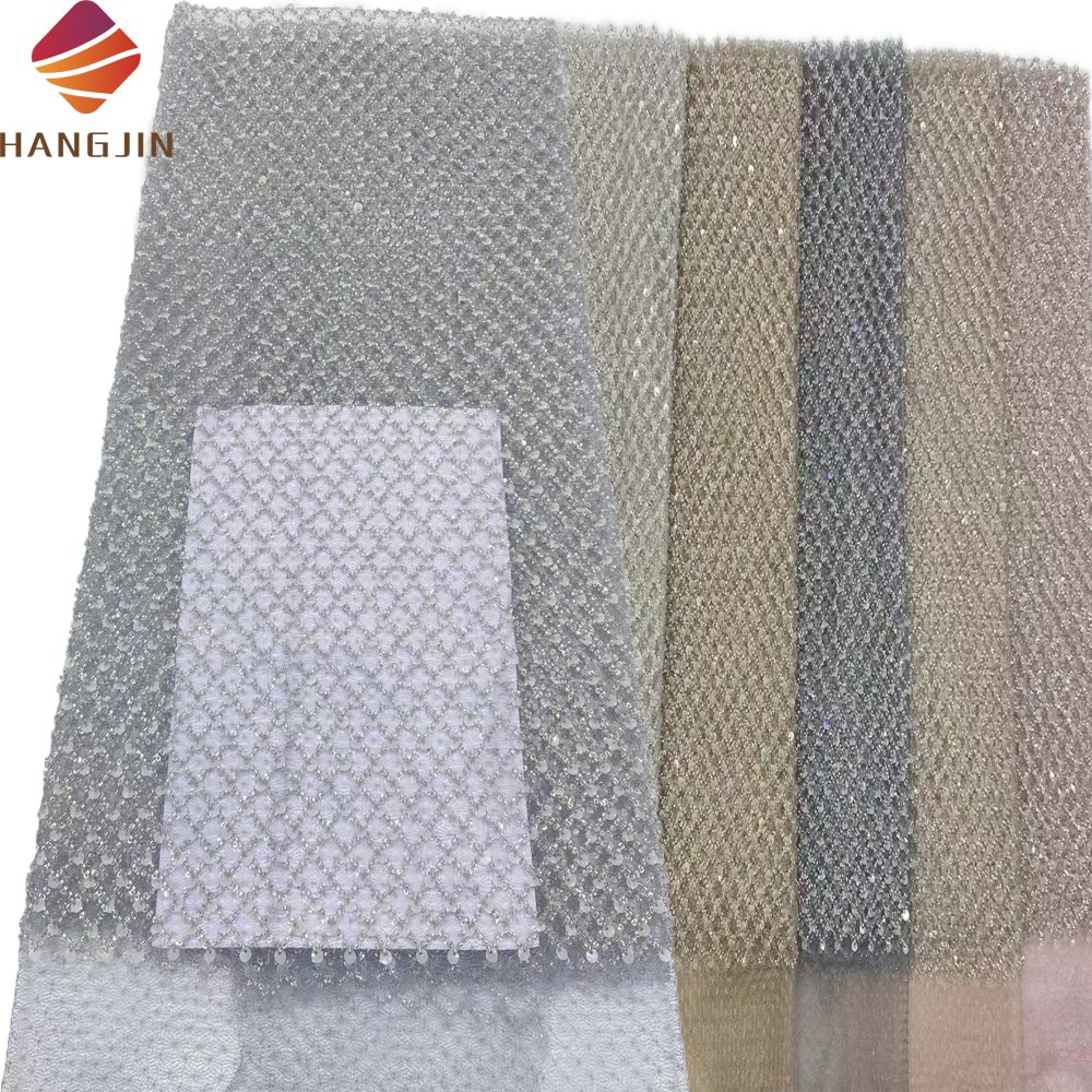 New European French Lace Handmade Wedding Geometric Beaded Lace Fabric 3D Sequin Embroidery Fabric For Women Party Dress