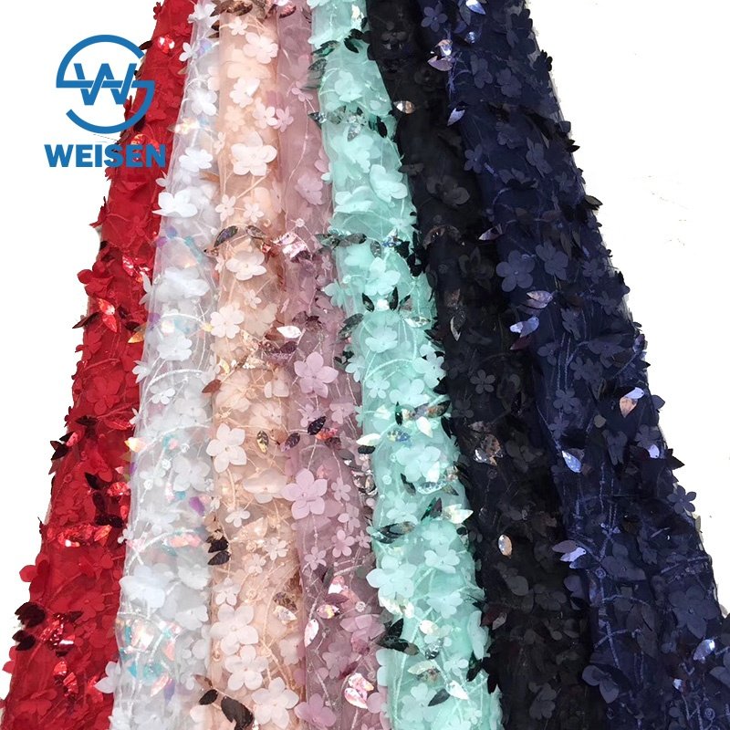 Sequin Popular 3D Flower Applique Floral Net Mesh 2019 Wedding Embroidery Lace Fabric