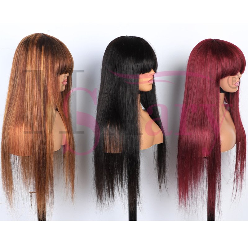 Glueless Lace 100% Virgin Human Hair Wig 200% Density Lace Frontal Wigs With Bangs Human Hair Straight Lace Front Wig