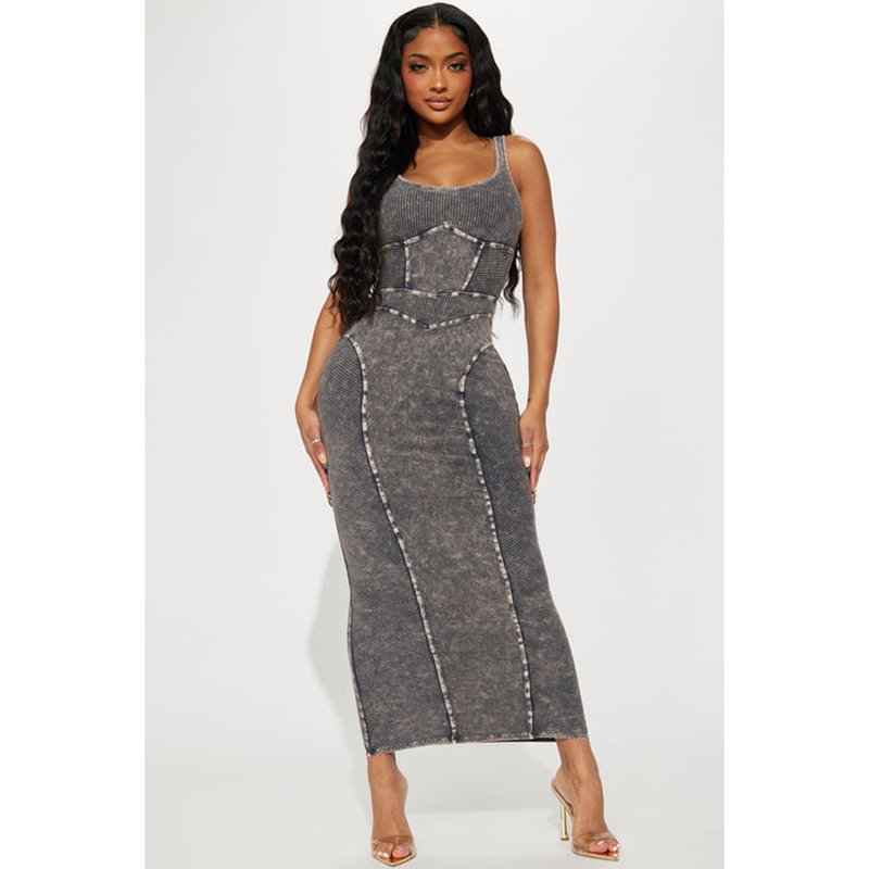 OEM factory custom style wash sleeveless scoop neckline ribbed women maxi causal dress