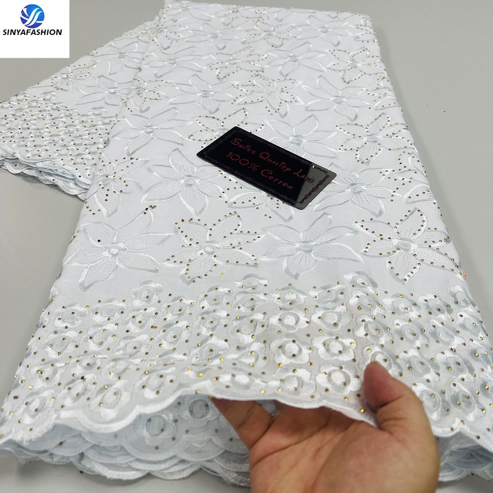 Sinya White African 100% Cotton Embroidery Lace Fabric High Quality Swiss Voile Lace In Switzerland With Stones