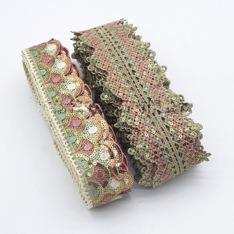 Golden sequins guipure lace Ribbon water soluble 3 d handmade embroidered colorful lace trim bar code for clothing decoration