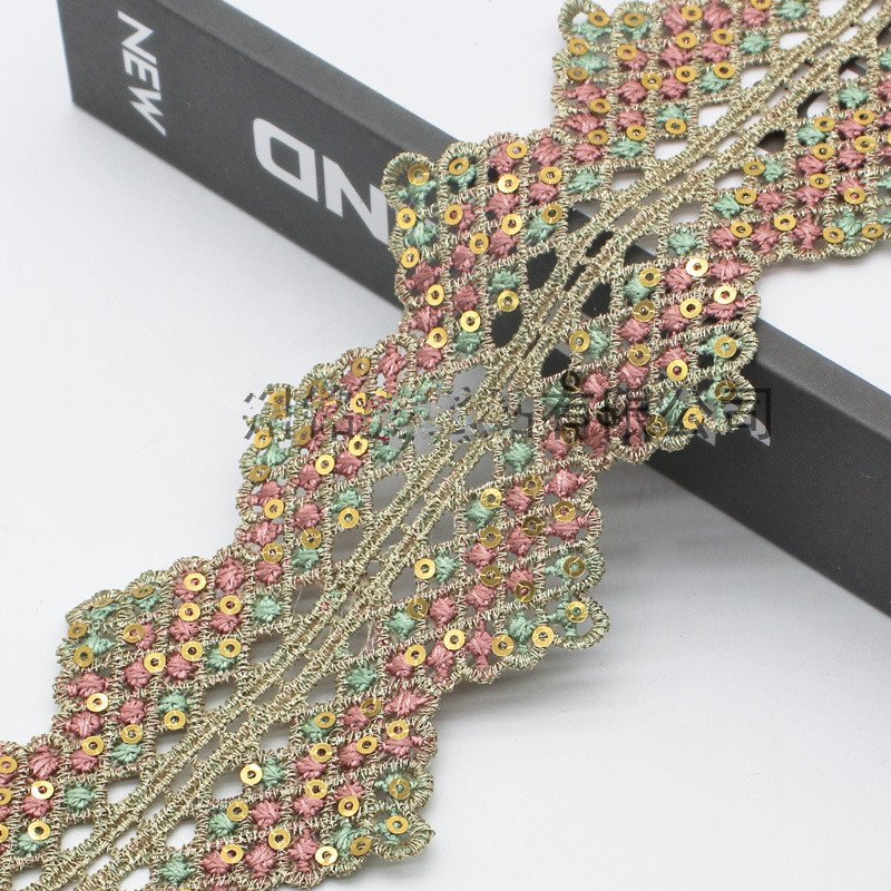 Golden sequins guipure lace Ribbon water soluble 3 d handmade embroidered colorful lace trim bar code for clothing decoration