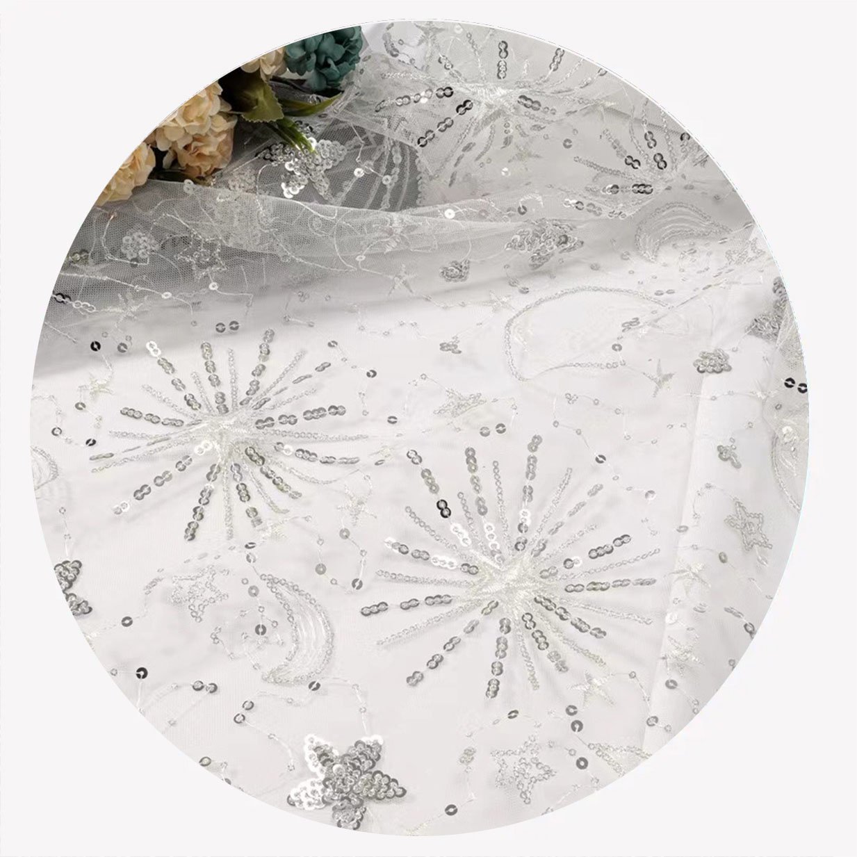 2024 Embroidery Fabric Stage Clothing Sequins Stacked Star Women's Mesh Dress Fashion Bead Fabric
