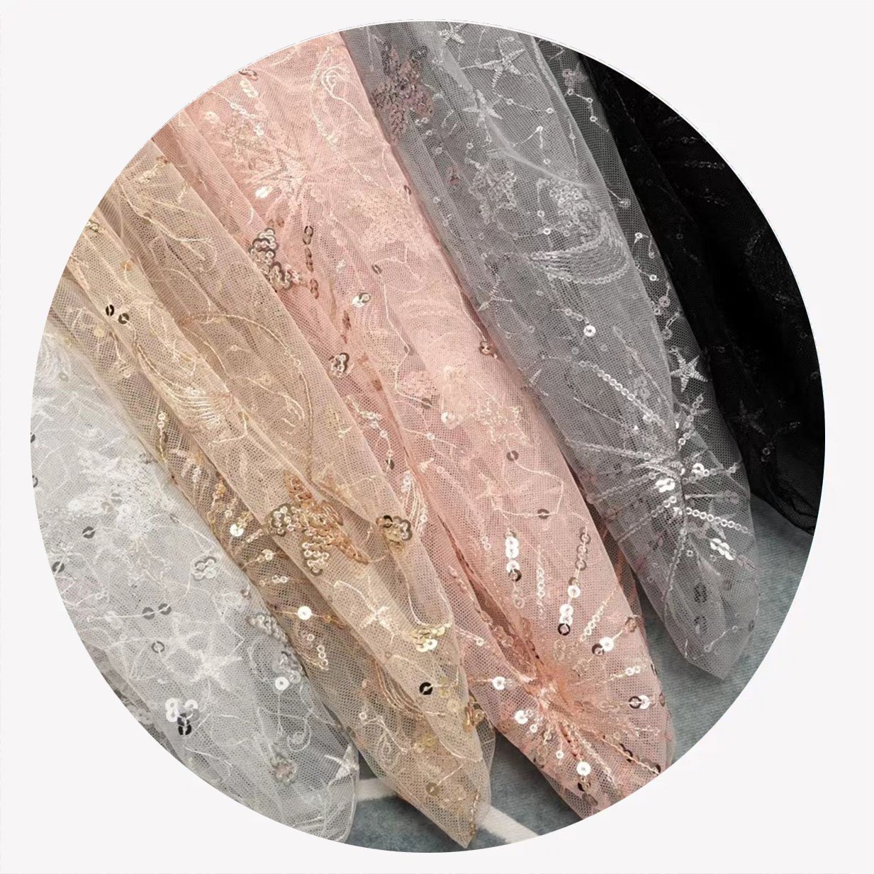 2024 Embroidery Fabric Stage Clothing Sequins Stacked Star Women's Mesh Dress Fashion Bead Fabric