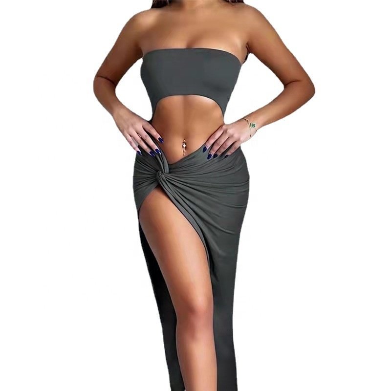 Summer Sexy Sleeveless Backless Maxi Dress off shoulder hollow out plain solid color high split women dress