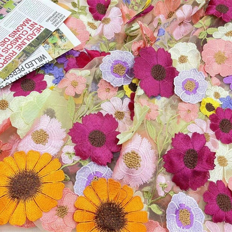 Lace fabrics for women's dress three-dimensional flower mesh embroidery fabric dress evening dress polyester fabric