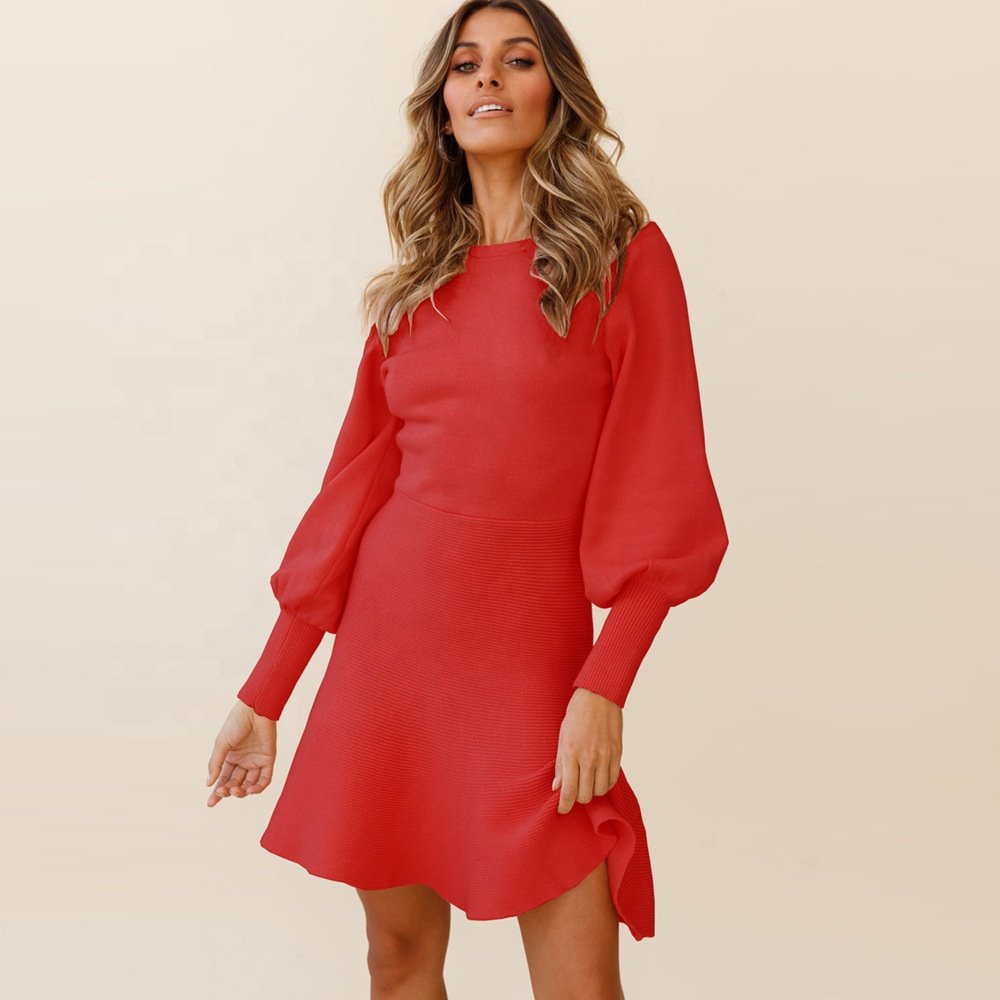 Women's Solid Color Round Neck Long Sleeved A-Line Slim Fit Temperament Dress Casual Knee Length Flowing Mini