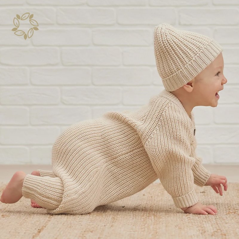 Button baby sweater rompers Natural Baby Clothes waffle long sleeve baby jumpsuit organic cotton knit rib romper for infant
