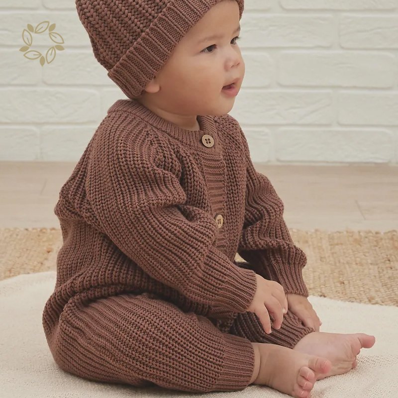 Button baby sweater rompers Natural Baby Clothes waffle long sleeve baby jumpsuit organic cotton knit rib romper for infant