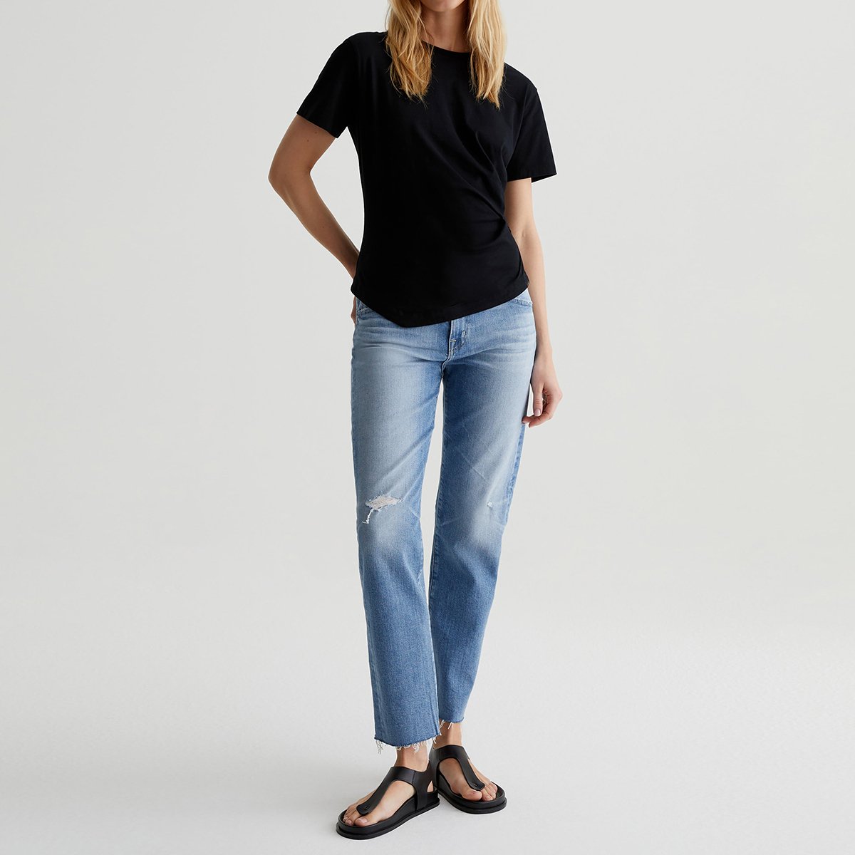OEM/ODM Custom Black Women's Asymmetrical Draped Crewneck Tee - Stretch-Blend Jersey, Side Pleats, Uneven Hem