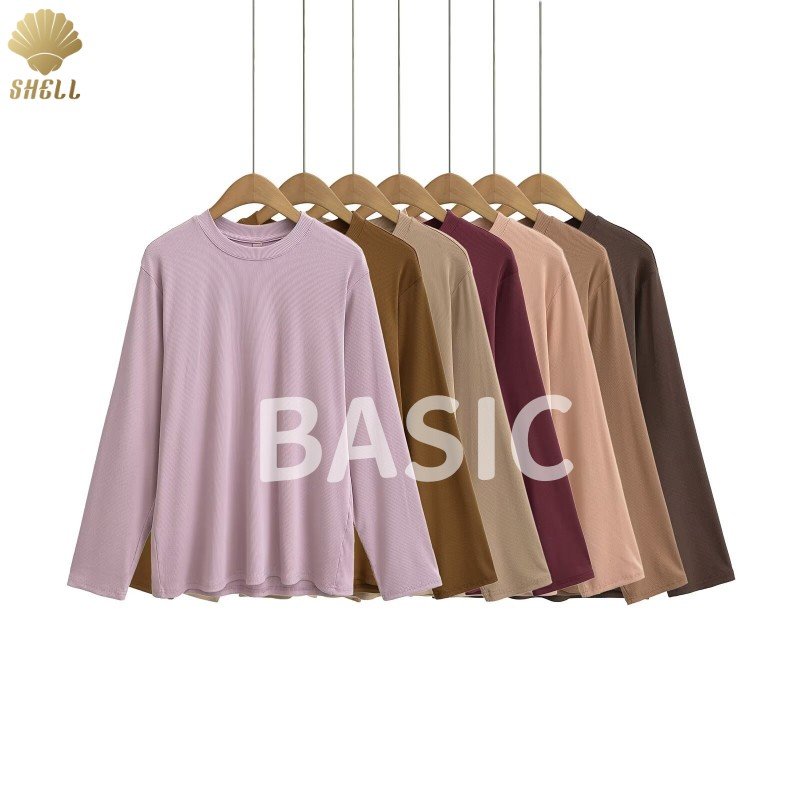 CNSHELL Modal Round Neck Loose Basic Women's 14-color Casual Micro Rib Full Length Long Sleeve Top For Women