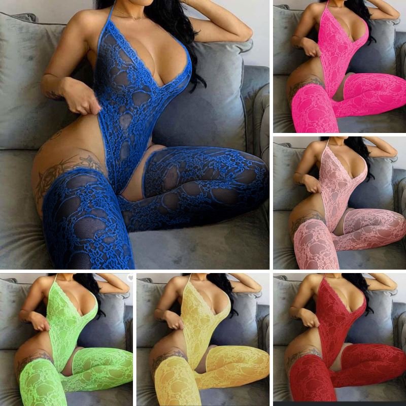 Best Selling Deep V Lace Stockings 2 Piece Set Ladies Sexy Lingerie Woman Underwear Set Lingerie Women