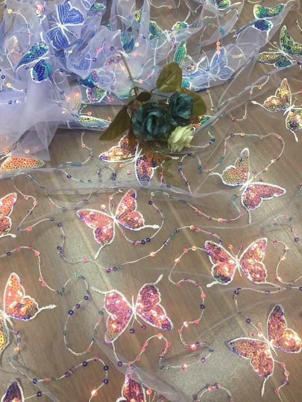 luxury voile lace embroidery fabric for women clothes, handmade butterfly sequin fabric