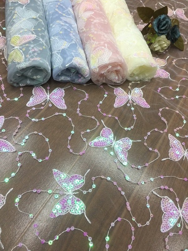 luxury voile lace embroidery fabric for women clothes, handmade butterfly sequin fabric