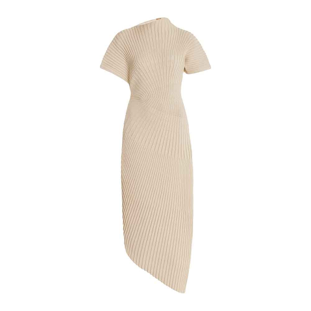 Knitwear Manufacturer Custom Autumn Winter Asymmetric Short Sleeve Turtleneck Ribbed-Knit CottonSlim Knit Woman Dress