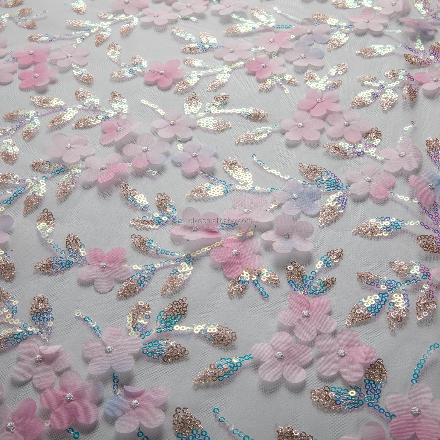 Factory Supplier Tulle Iridescent Gradient Flower Sequin Embroidery Fabric Women's Dresses Fashion Embroidered Sequin Fabric