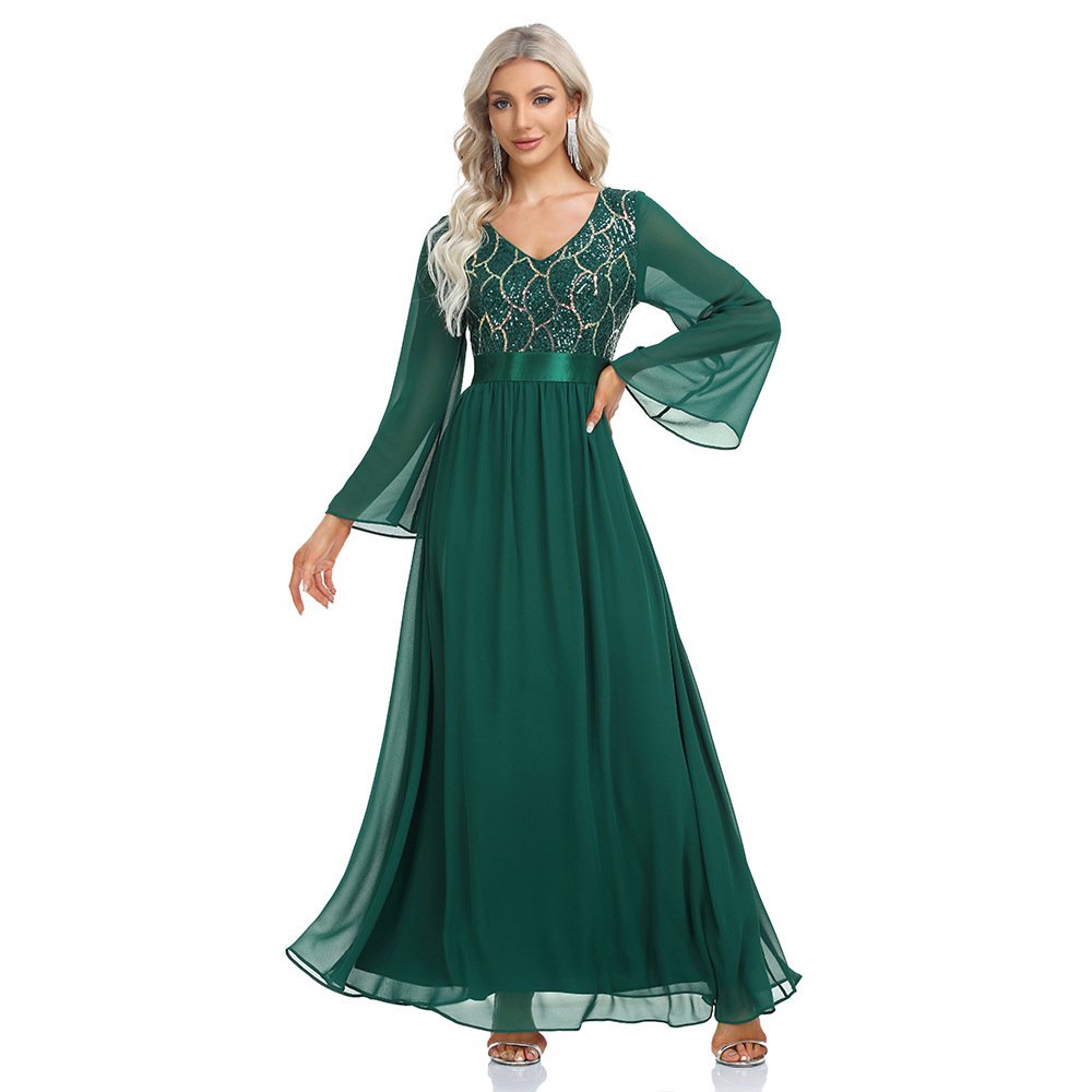 New Lace Sequin Wedding Dresses V Neck Long Sleeve Women's Bridal Evening Gowns