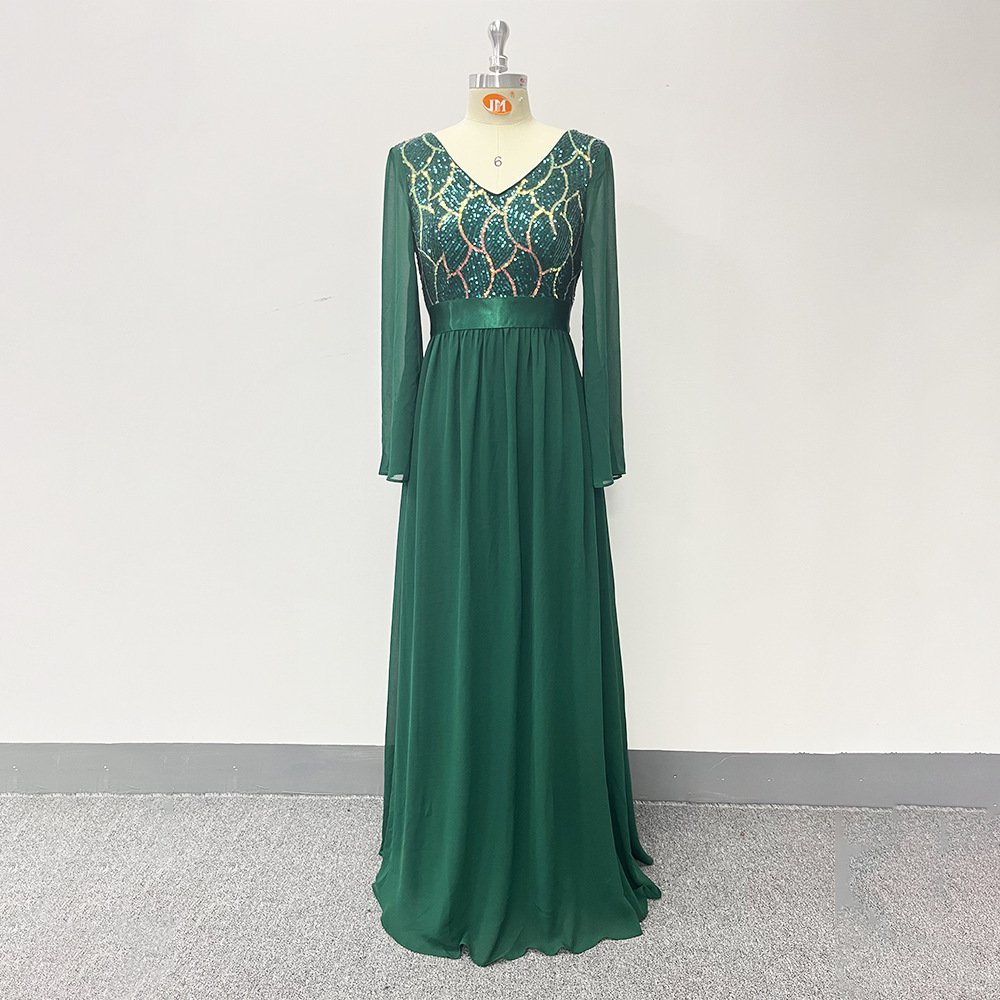 New Lace Sequin Wedding Dresses V Neck Long Sleeve Women's Bridal Evening Gowns