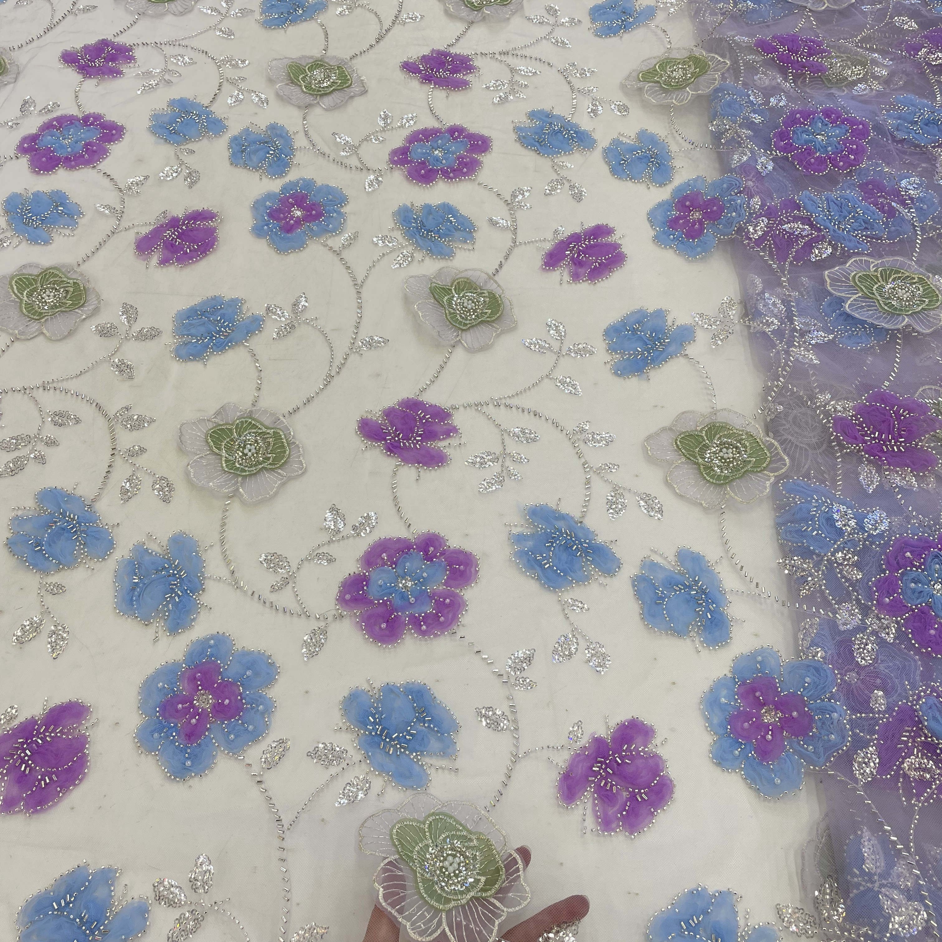 Luxury 3D Flower Beaded Lace Embroidery Fabric Polyester Sustainable Tulle Mesh For Ladies Clothing Material Sequin Lace Fabric