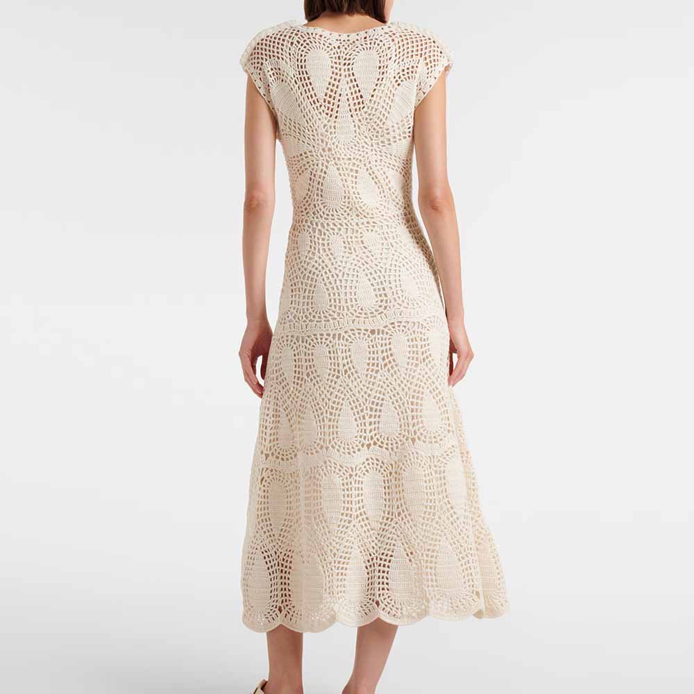 Knitwear Manufacturer Custom Spring Summer Autumn Winter V-neck Hollow Out Crochet Short Sleeves Wool And Cashmere Maxi Dress