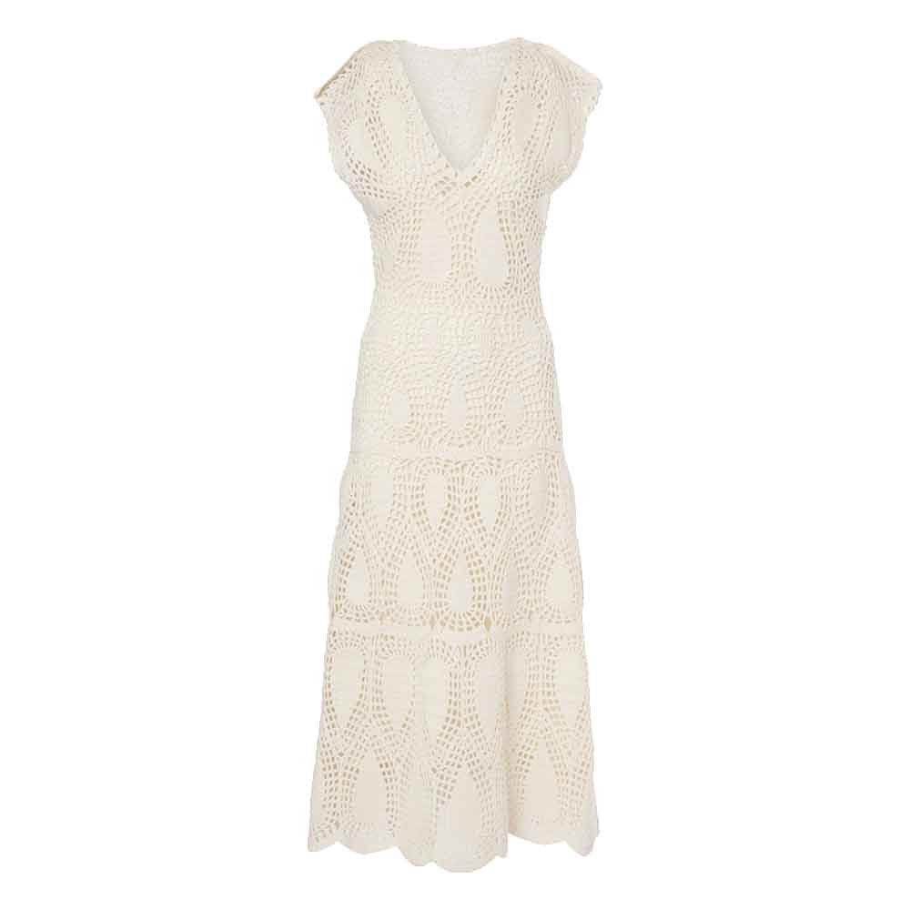 Knitwear Manufacturer Custom Spring Summer Autumn Winter V-neck Hollow Out Crochet Short Sleeves Wool And Cashmere Maxi Dress