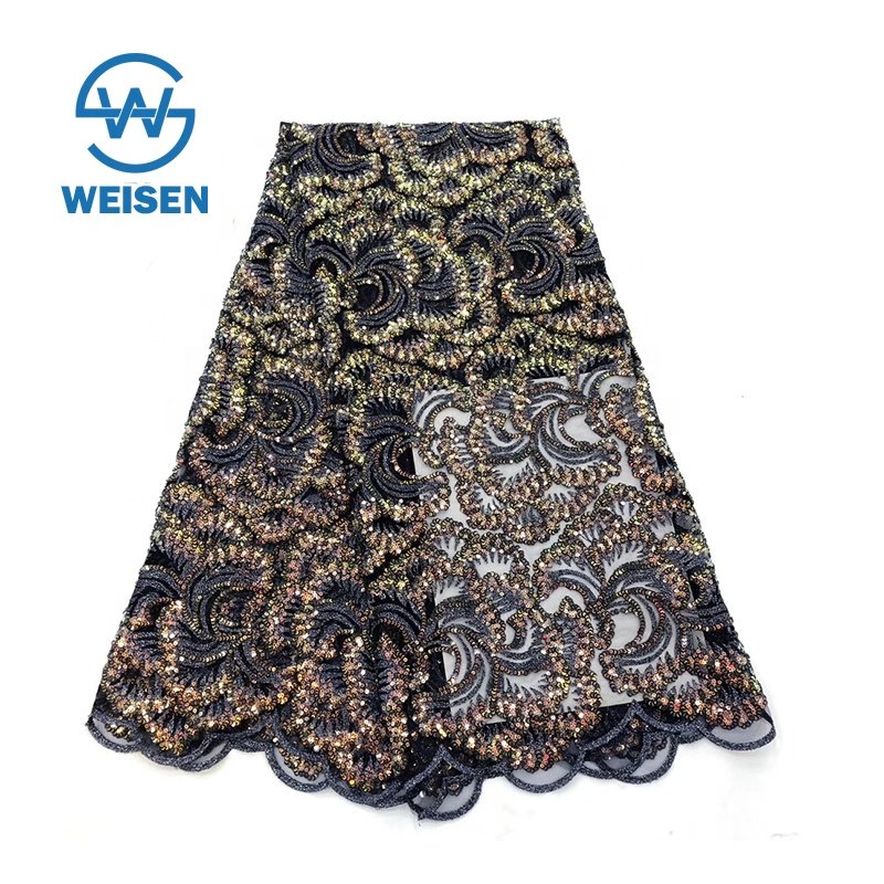 Net Design Guipure Lace Sequin Velvet Polyester Multi Color Embroidery Fabric