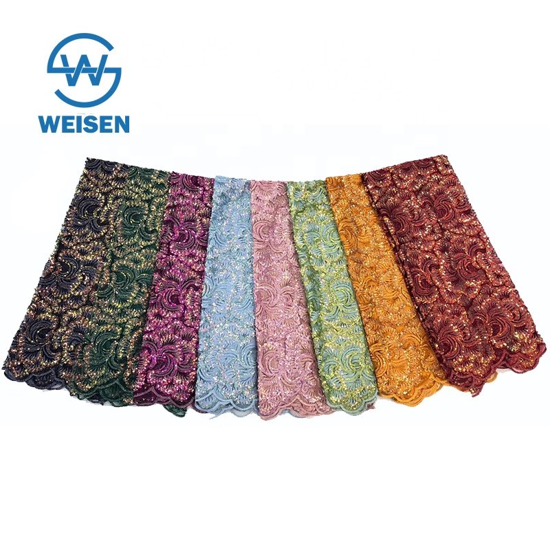 Net Design Guipure Lace Sequin Velvet Polyester Multi Color Embroidery Fabric