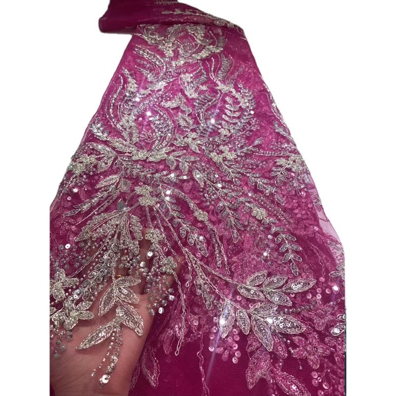 2021 Latest African Nigeria beaded sequins tulle lace fabrics for party fuchsia luxury embroidered french lace fabric