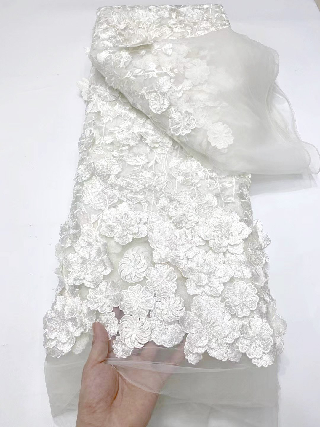 Luxury 3D Floral Embroidered Tulle Fabric 3D Flower Haute Embroidery Nigerian embroidery lace fabric Embroidery Fabric