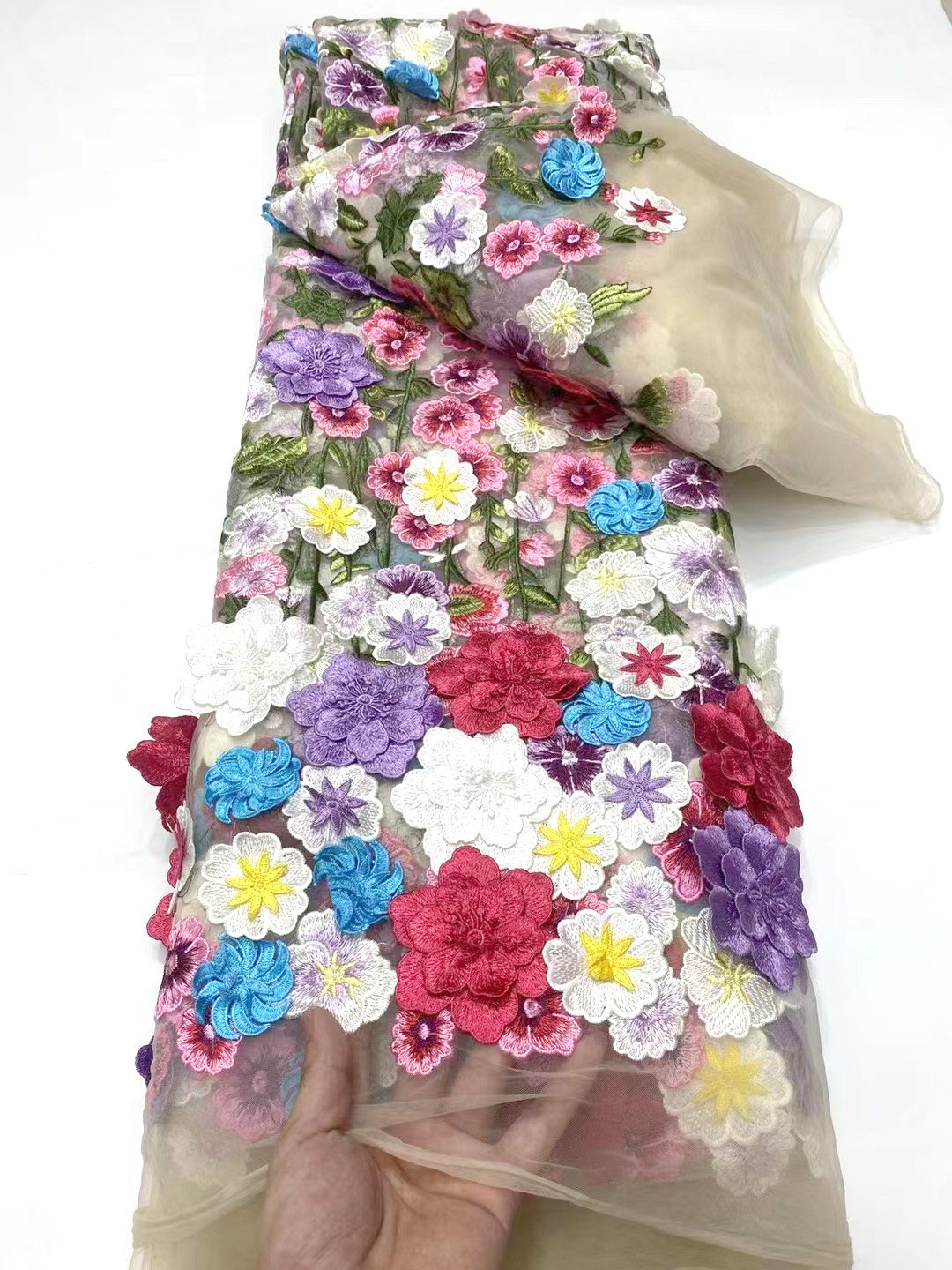 Luxury 3D Floral Embroidered Tulle Fabric 3D Flower Haute Embroidery Nigerian embroidery lace fabric Embroidery Fabric