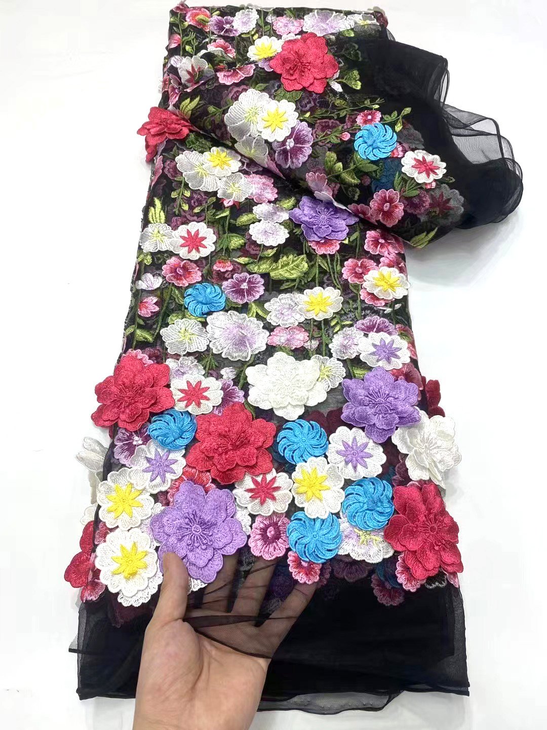 Luxury 3D Floral Embroidered Tulle Fabric 3D Flower Haute Embroidery Nigerian embroidery lace fabric Embroidery Fabric