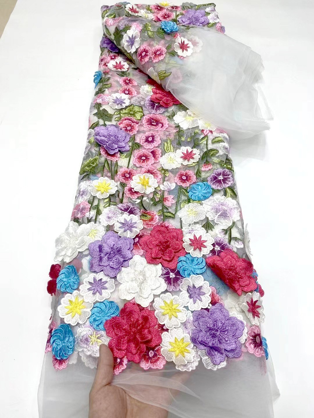 Luxury 3D Floral Embroidered Tulle Fabric 3D Flower Haute Embroidery Nigerian embroidery lace fabric Embroidery Fabric