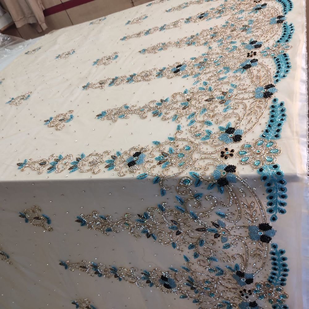 Direct Factory Supply Handmade Beaded Work Cotton Lace Fabric Embroidery Style for Worldwide Export Available in Bulk Quantity