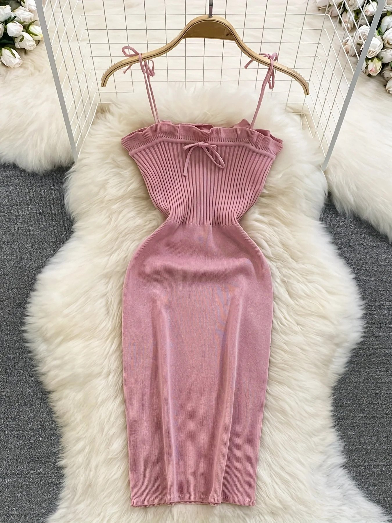 Ribbed Lace Up Dress Elegant Solid Slim Ruffle Trim Dress Women's Clothing Bodycon Short Mini Dress