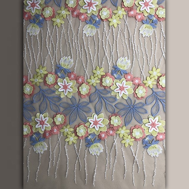 HA-1669 Bridal Multi-color 3d Flower Lace Embroidered Knitted Mesh with 3D Flower Embroidery Customized Color TUV
