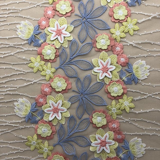 HA-1669 Bridal Multi-color 3d Flower Lace Embroidered Knitted Mesh with 3D Flower Embroidery Customized Color TUV